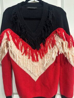 English Factory Chevron Fringe Sweater Large NWOT Black Red Cream V-Neck